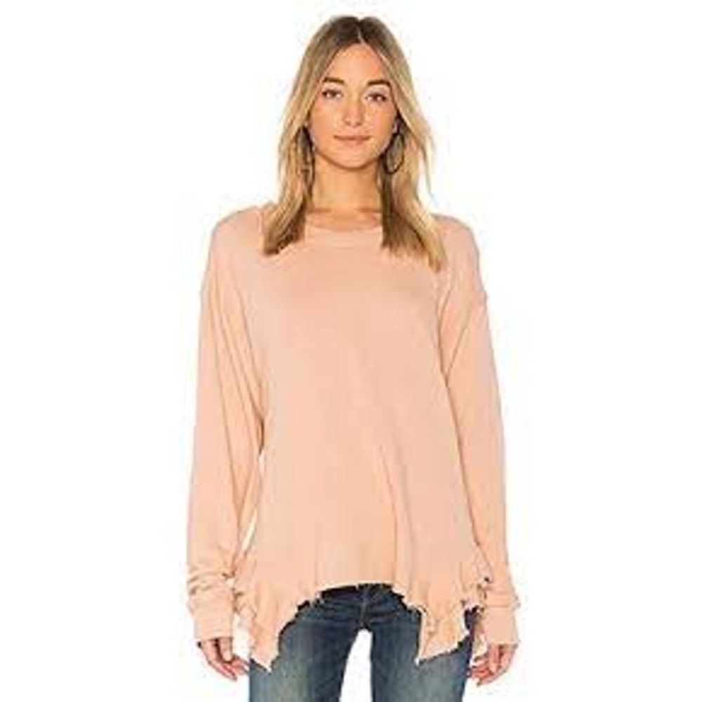 Current/Elliott Slouchy Ruffle Cotton Distressed Sweatshirt In Misty Rose SZ 3/L